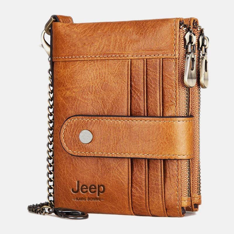 JEEP KAVIS BONWE Mens Wallet Genuine Leather, Double Zipper