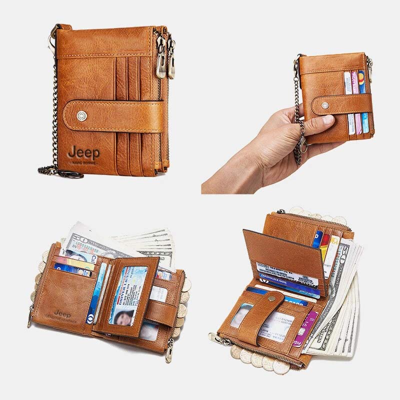 JEEP KAVIS BONWE Mens Wallet Genuine Leather, Double Zipper